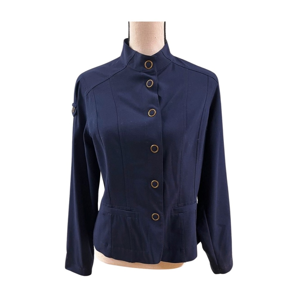 Chico's M Military Blue Blazer Tailored Cropped Jacket